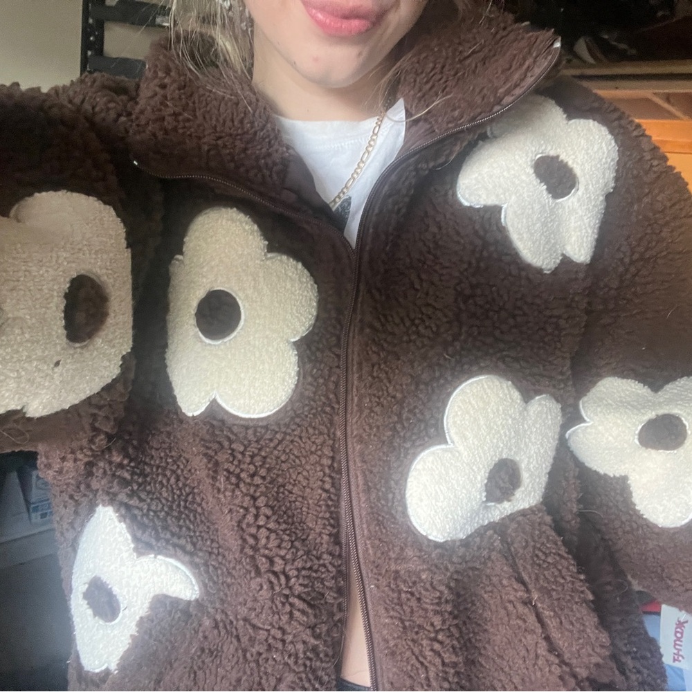 Brown Sherpa Jacket with Cream Floral Design